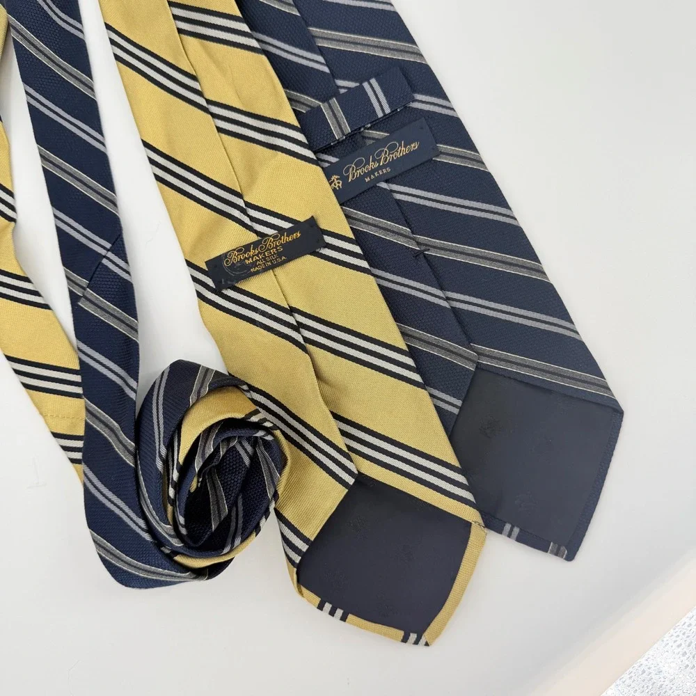 Brooks Brothers Tie Set Mens Gold Navy Striped Silk Cotton Ivy Prep Office